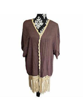 Umgee M/L Boho Cardigan Purple Fringe Lace Crochet Open Front Festival